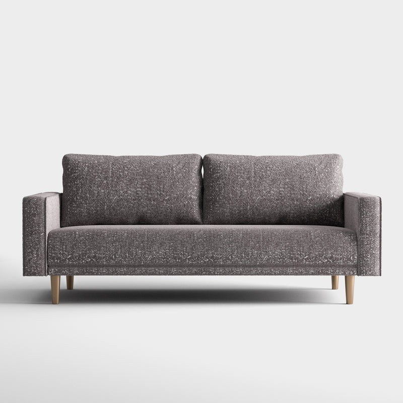 Front facing contemporary charcoal gray and metallic boucle sofa on a white background