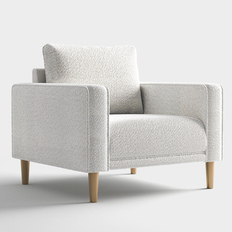 Right facing contemporary off-white metallic boucle accent armchair on a white background