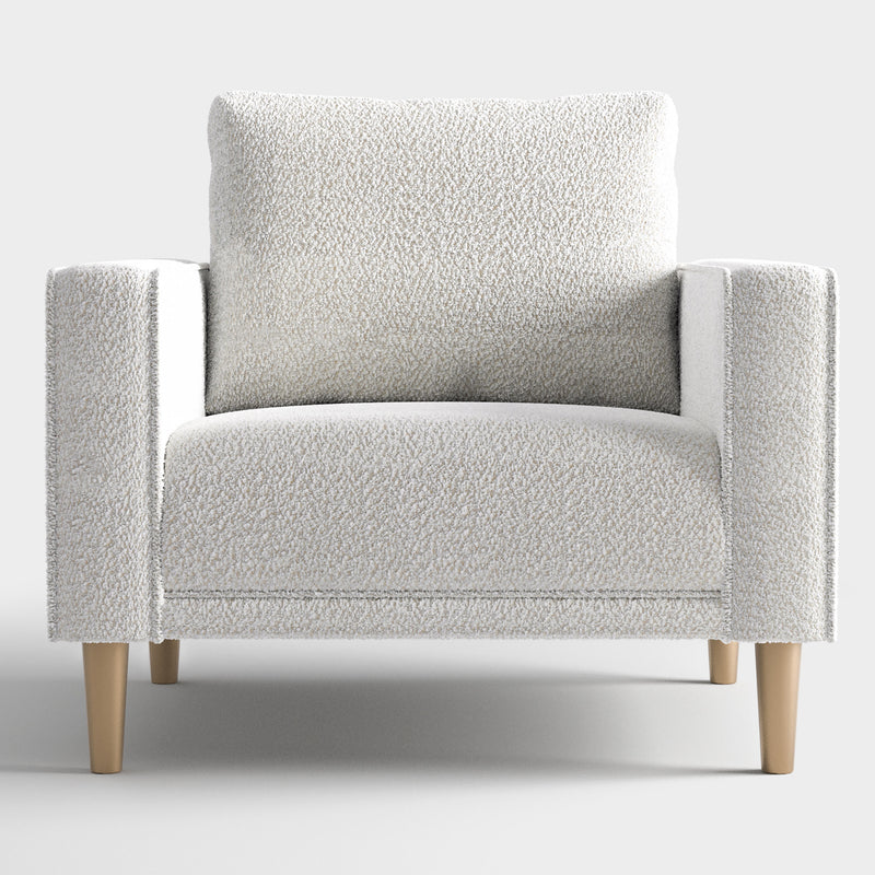 Front facing contemporary off-white metallic boucle accent armchair on a white background