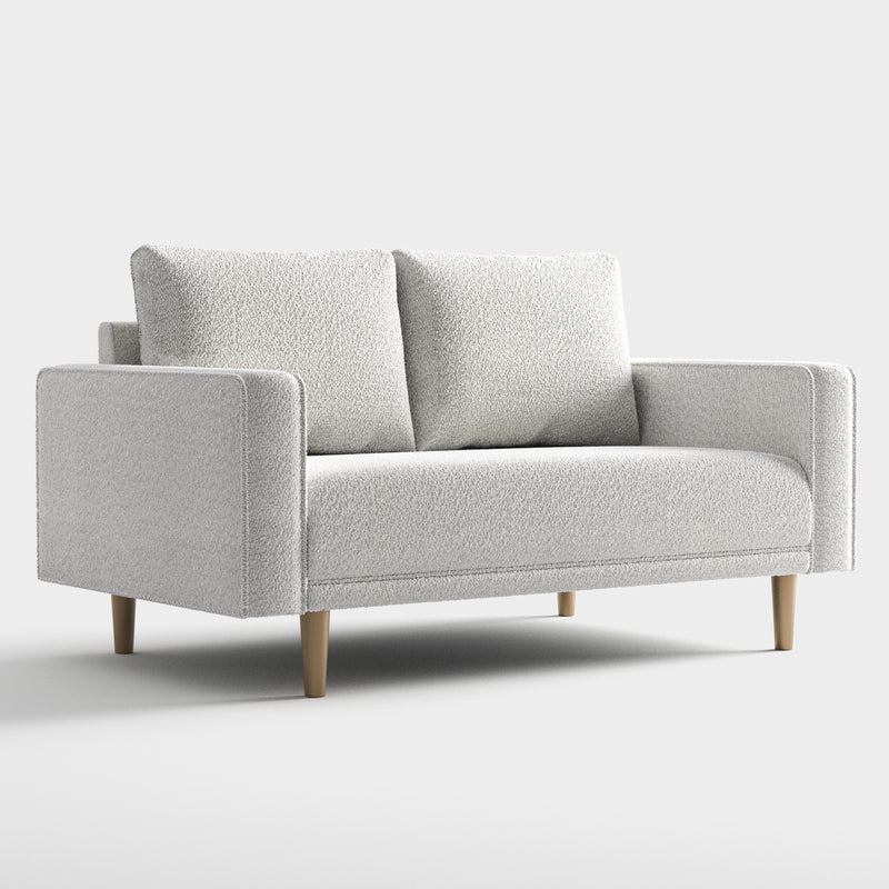 Right facing contemporary off-white metallic boucle loveseat on a white background