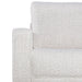 Front facing close up of the armrest and upholstery of a contemporary off-white metallic boucle loveseat on a white background