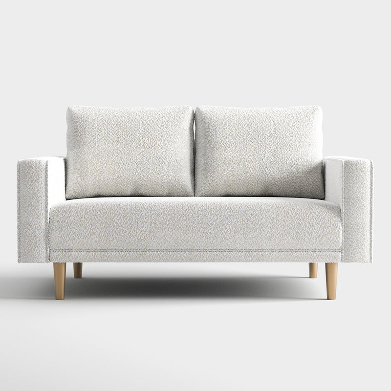 Front facing contemporary off-white metallic boucle loveseat on a white background