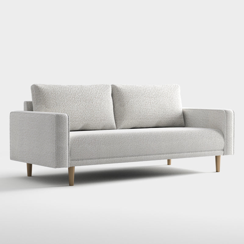 Right facing contemporary off-white metallic boucle sofa on a white background