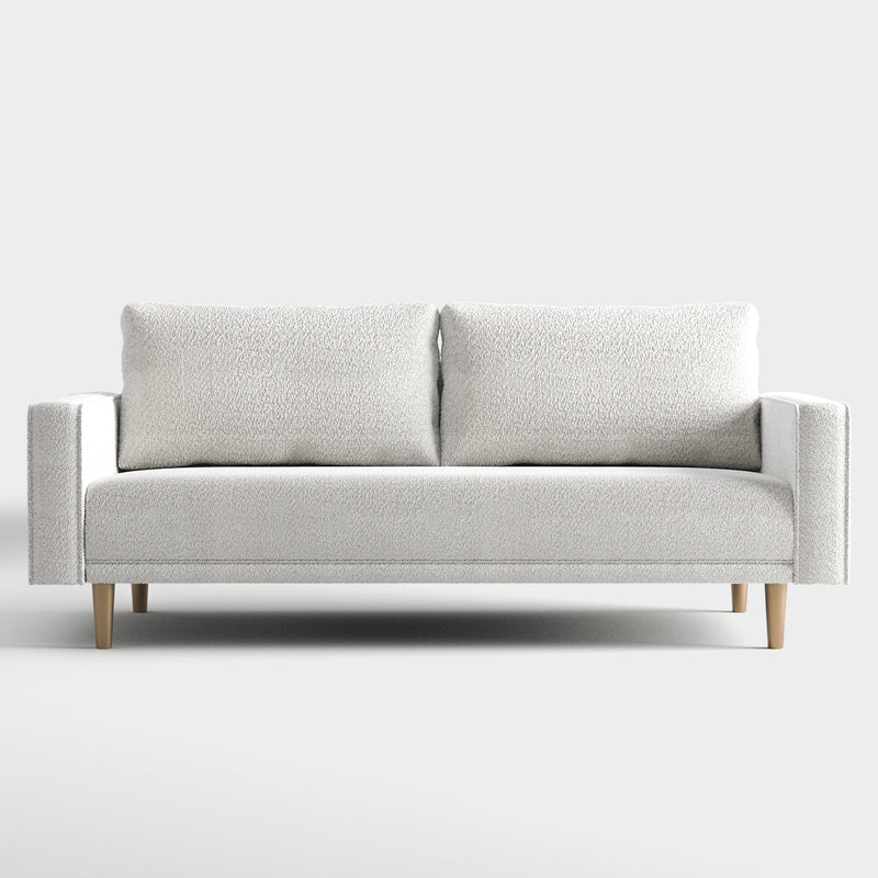 Front facing contemporary off-white metallic boucle sofa on a white background