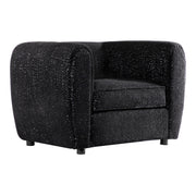 Right facing contemporary black metallic boucle shelter armchair on a white background