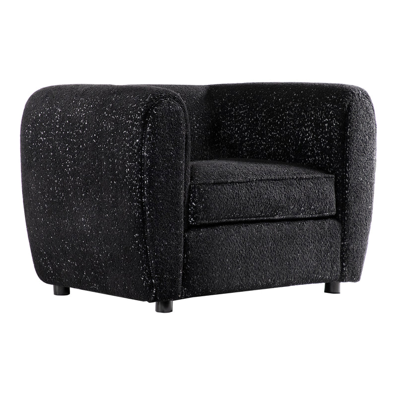 Right facing contemporary black metallic boucle shelter armchair on a white background