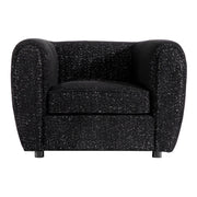 Front facing contemporary black metallic boucle shelter armchair on a white background
