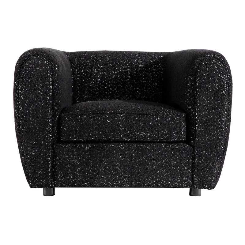 Front facing contemporary black metallic boucle shelter armchair on a white background