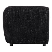 Front facing side view of a contemporary black metallic boucle shelter armchair on a white background