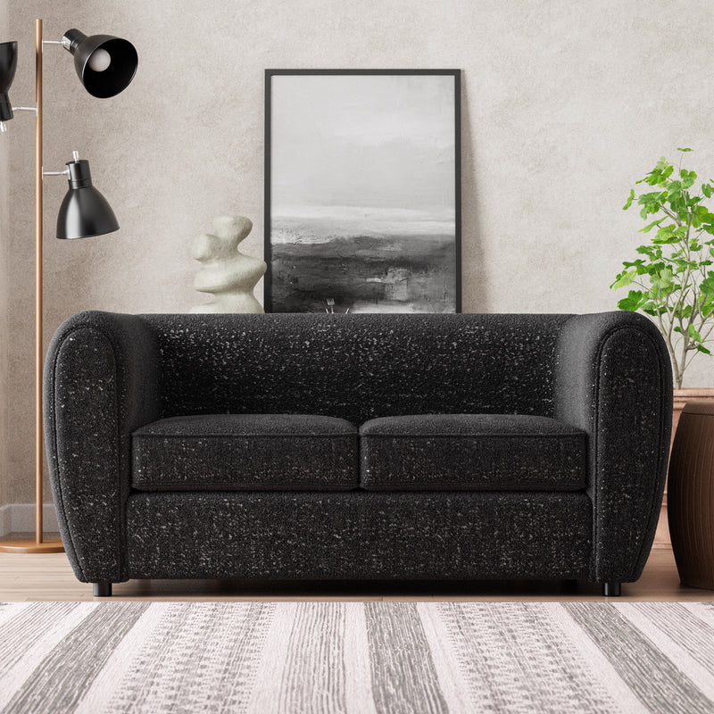 Front facing contemporary black metallic boucle shelter loveseat in a room with accessories