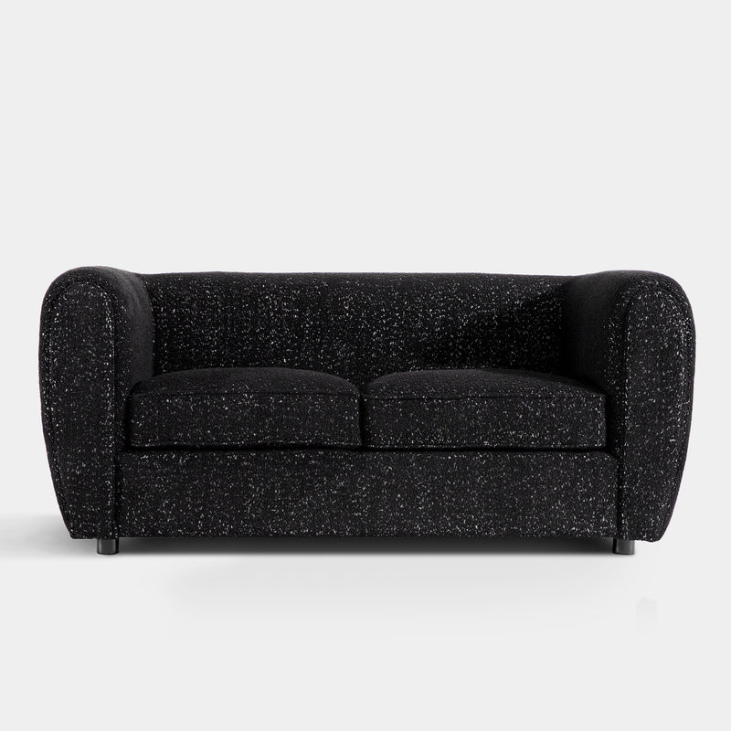 Front facing contemporary black metallic boucle shelter loveseat on a white background