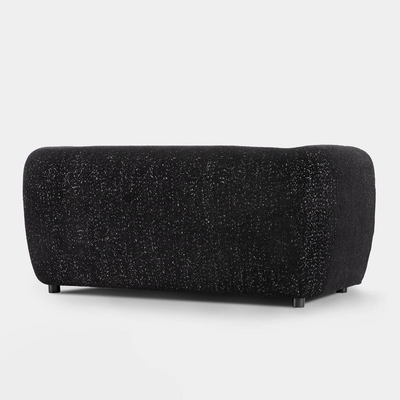 Right facing back view of a contemporary black metallic boucle shelter loveseat on a white background