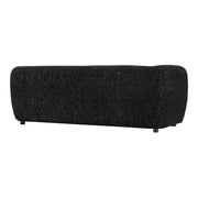 Right facing back view of a contemporary black metallic boucle shelter sofa on a white background