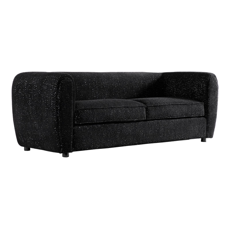 Right facing contemporary black metallic boucle shelter sofa on a white background