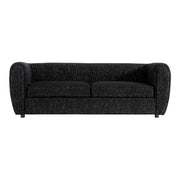 Front facing contemporary black metallic boucle shelter sofa on a white background