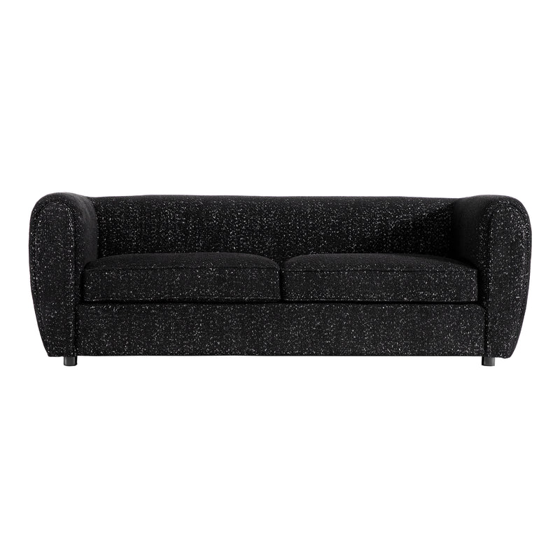Front facing contemporary black metallic boucle shelter sofa on a white background