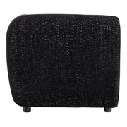 Front facing side view of a contemporary black metallic boucle shelter sofa on a white background