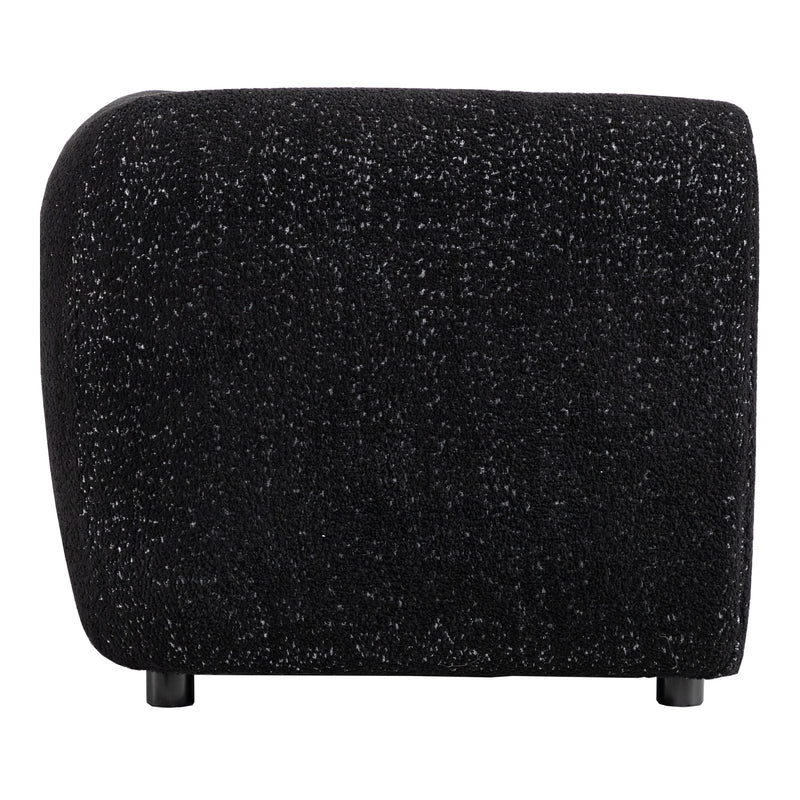 Front facing side view of a contemporary black metallic boucle shelter sofa on a white background