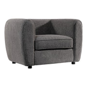 Right facing contemporary charcoal gray metallic boucle shelter armchair on a white background