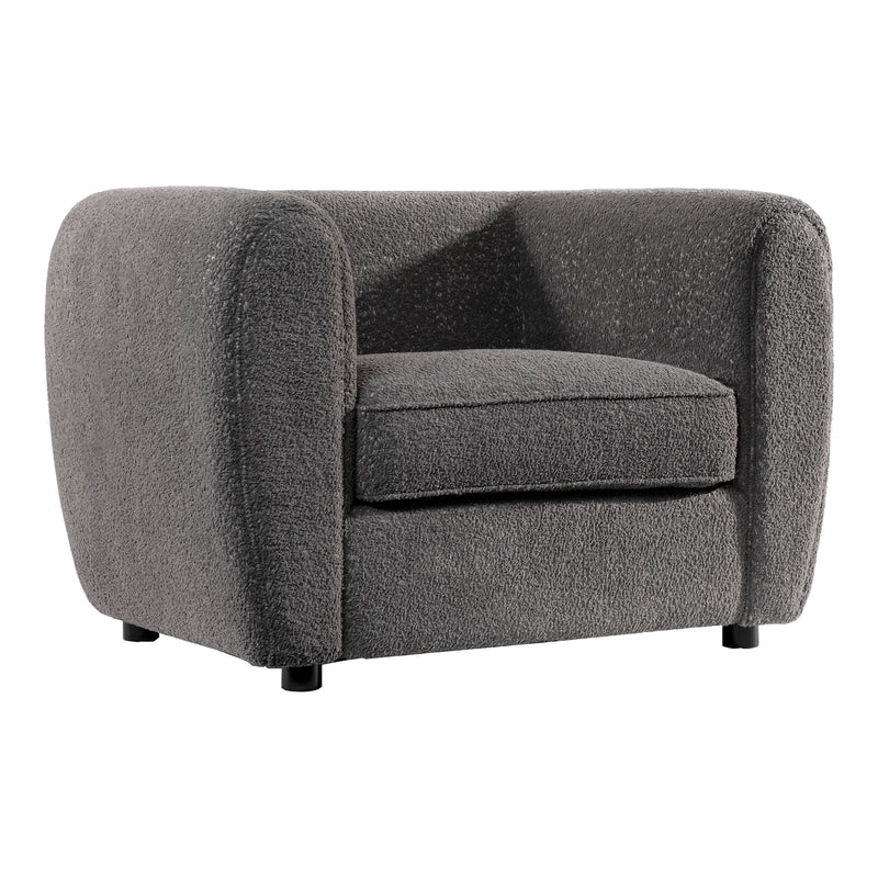 Right facing contemporary charcoal gray metallic boucle shelter armchair on a white background