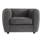 Front facing contemporary charcoal gray metallic boucle shelter armchair on a white background