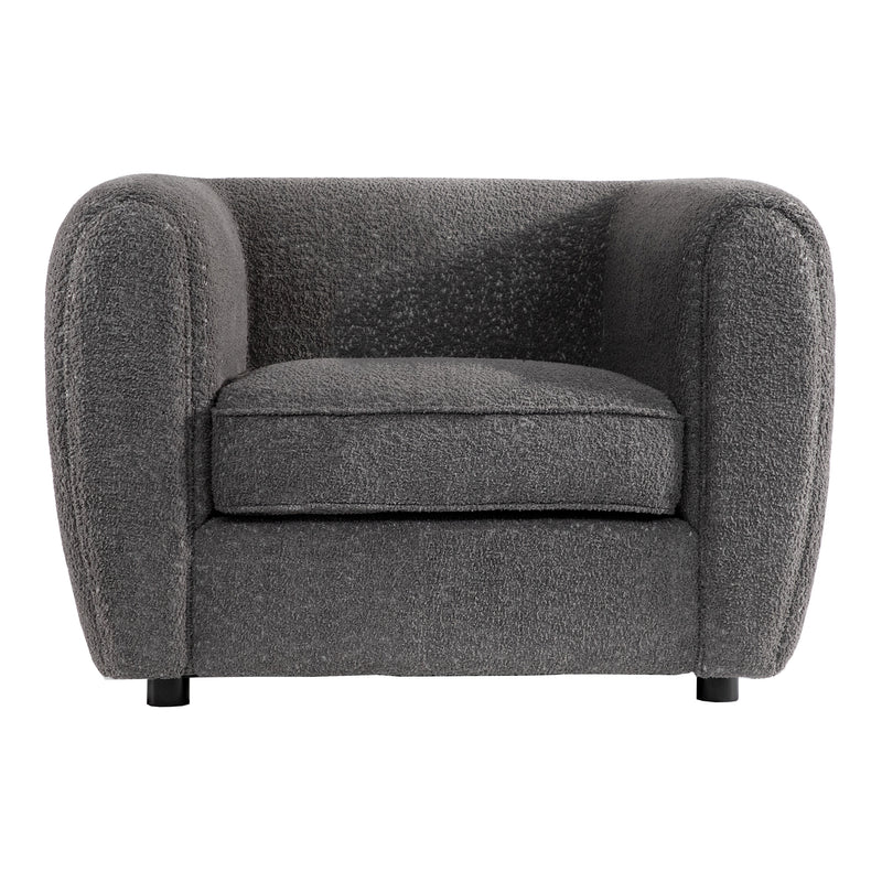 Front facing contemporary charcoal gray metallic boucle shelter armchair on a white background
