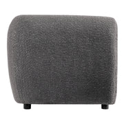 Front facing side view of a contemporary charcoal gray metallic boucle shelter armchair on a white background