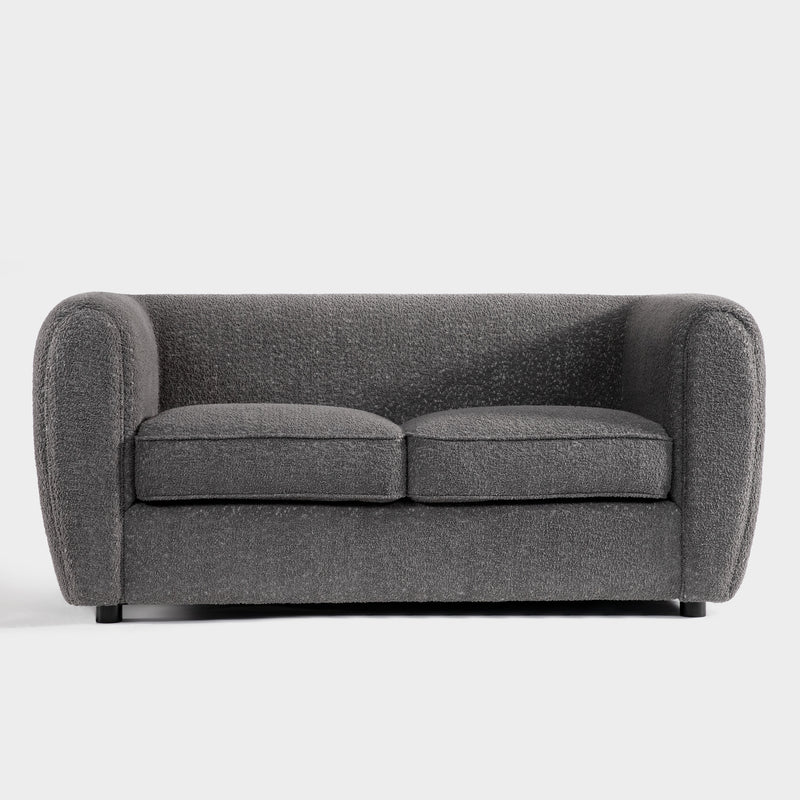 Front facing contemporary charcoal gray metallic boucle shelter loveseat on a white background