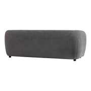 Right facing back view of a contemporary charcoal gray metallic boucle shelter sofa on a white background