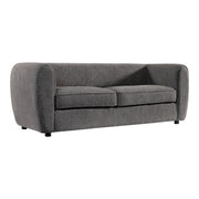 Right facing contemporary charcoal gray metallic boucle shelter sofa on a white background