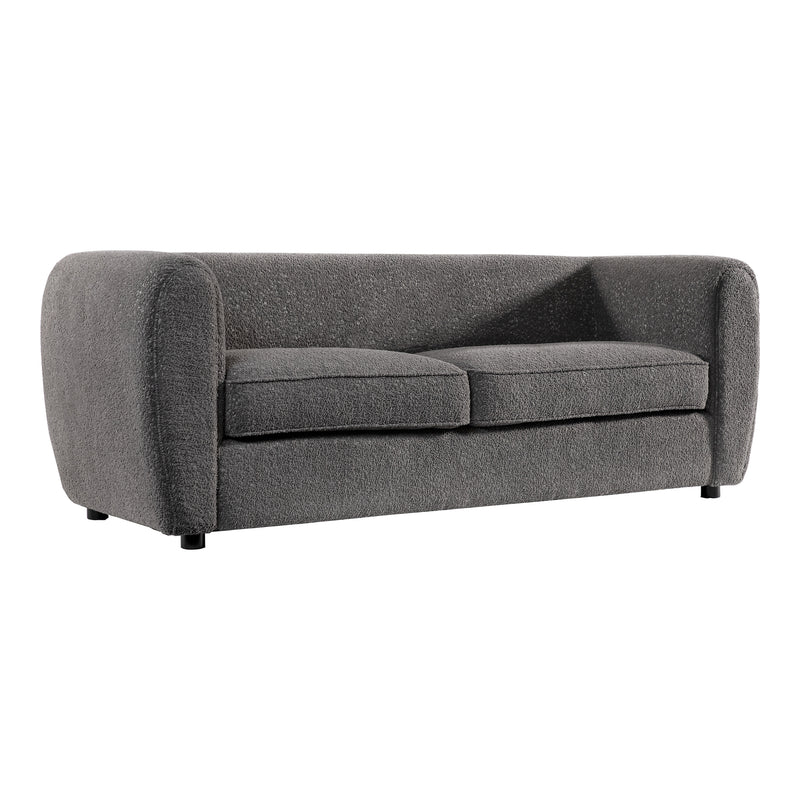 Right facing contemporary charcoal gray metallic boucle shelter sofa on a white background
