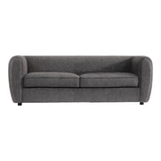 Front facing contemporary charcoal gray metallic boucle shelter sofa on a white background