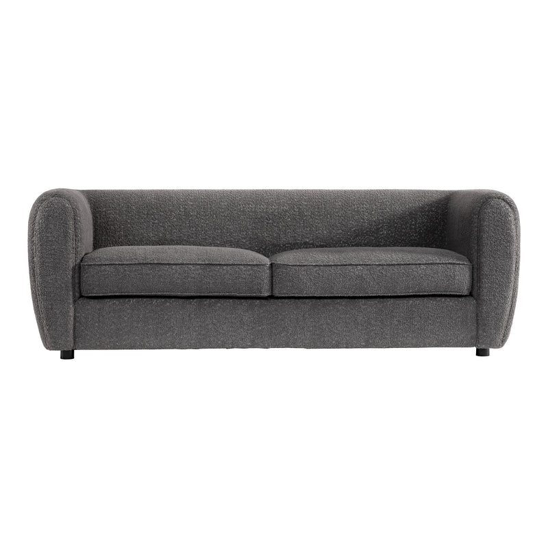 Front facing contemporary charcoal gray metallic boucle shelter sofa on a white background
