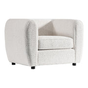 Right facing contemporary off-white metallic boucle shelter armchair on a white background