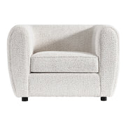 Front facing contemporary off-white metallic boucle shelter armchair on a white background