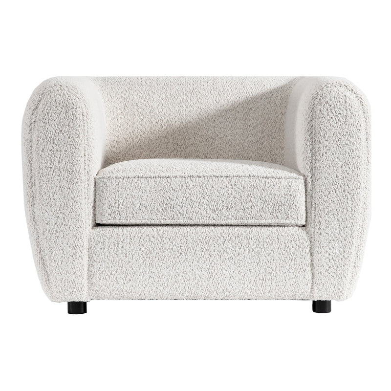 Front facing contemporary off-white metallic boucle shelter armchair on a white background
