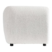 Front facing side view of a contemporary off-white metallic boucle shelter armchair on a white background