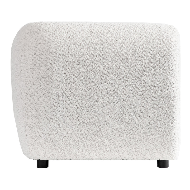 Front facing side view of a contemporary off-white metallic boucle shelter armchair on a white background