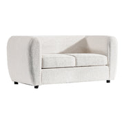 Right facing contemporary off-white metallic boucle shelter loveseat on a white background