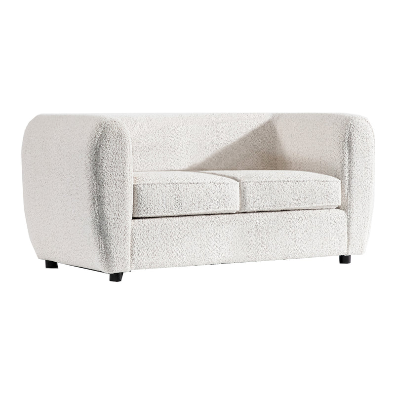 Right facing contemporary off-white metallic boucle shelter loveseat on a white background