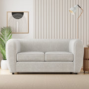 Front facing contemporary off-white metallic boucle shelter loveseat on a white background