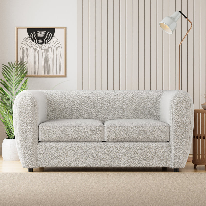 Front facing contemporary off-white metallic boucle shelter loveseat on a white background