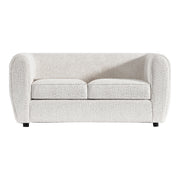 Front facing contemporary off-white metallic boucle shelter loveseat on a white background