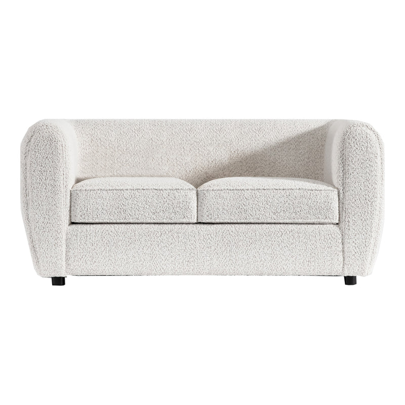 Front facing contemporary off-white metallic boucle shelter loveseat on a white background