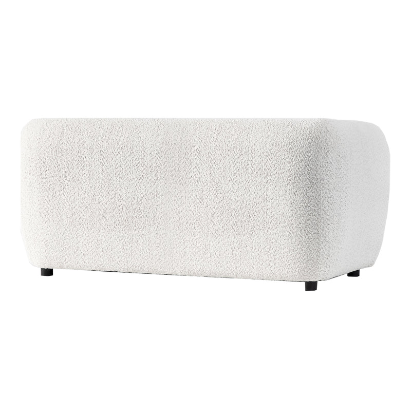 Right facing back view of a contemporary off-white metallic boucle shelter loveseat on a white background