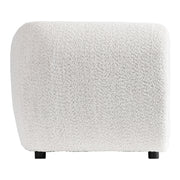 Front facing side view of a contemporary off-white metallic boucle shelter loveseat on a white background