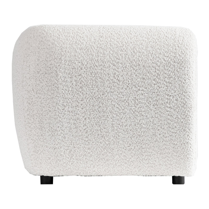 Front facing side view of a contemporary off-white metallic boucle shelter loveseat on a white background