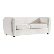 Right facing contemporary off-white metallic boucle shelter sofa on a white background