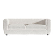 Front facing contemporary off-white metallic boucle shelter sofa on a white background