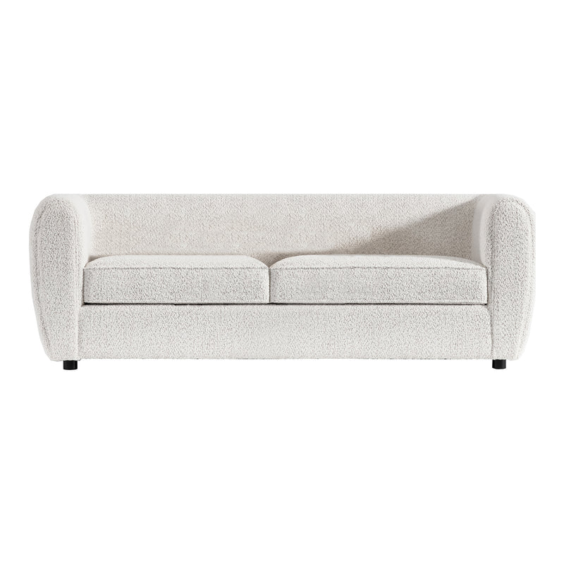 Front facing contemporary off-white metallic boucle shelter sofa on a white background